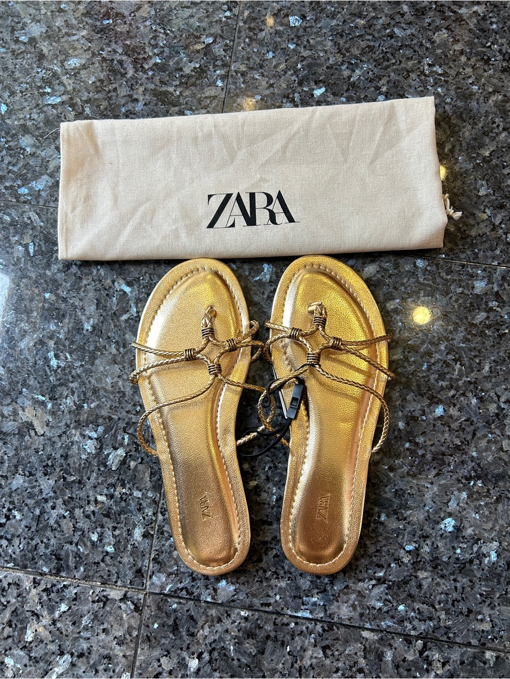 Zara Gold Braided Lace-Up Flat Sandals Sz 7.5